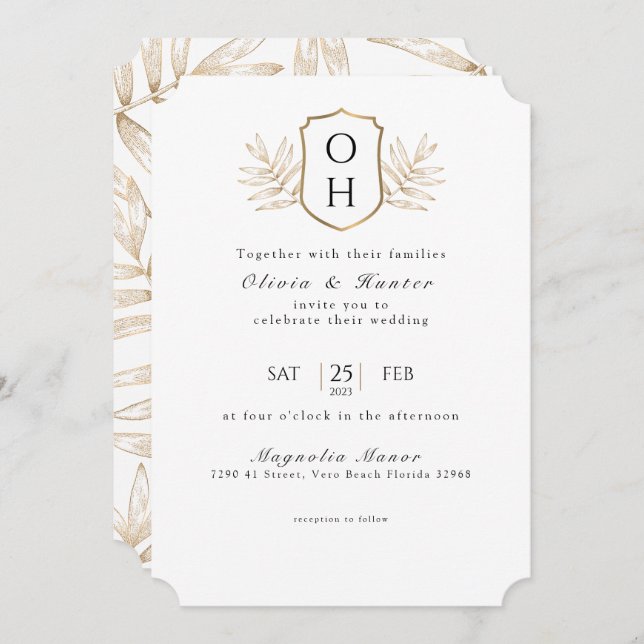 Gold & Black Palm Leaf Crest Wedding Invitation (Front/Back)