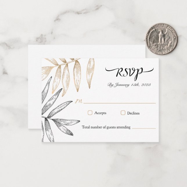 Gold & Black Palm Leaf Wedding RSVP Card (Front/Back In Situ)
