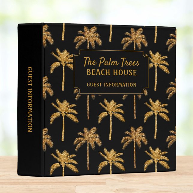 Gold Black Palm Tree Beach House Guest Information 3 Ring Binder (In situ)