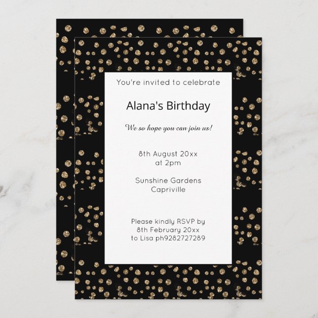 GOLD BLACK PANEL LEOPARD ANIMAL PRINT BIRTHDAY INVITATION (Front/Back)