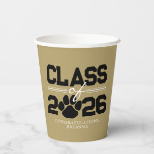 Gold & Black Pawprint Class of Graduation Paper Cups