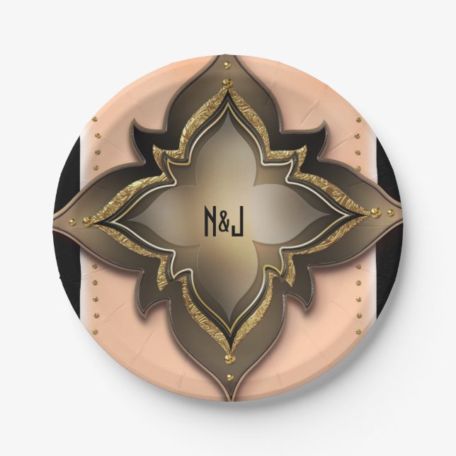 Gold Black & Peach Exotic Chic Flower Party Custom Paper Plates (Front)