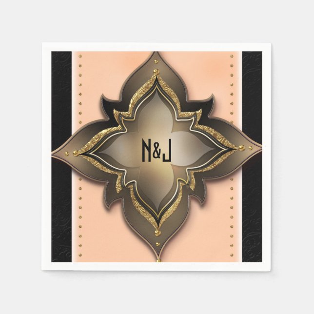 Gold Black & Peach Exotic Chic Flower Party Paper Napkins (Front)