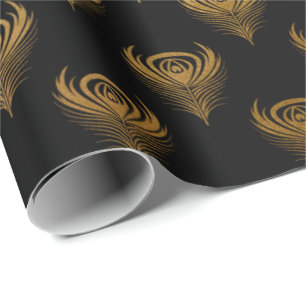 Gold Black Peacock Feathers Elegant Classic Wrapping Paper