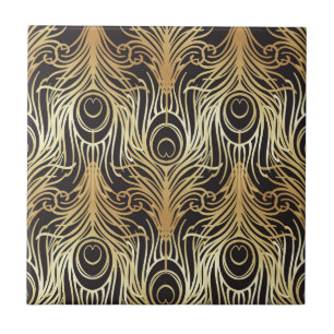 gold, black,peacock pattern,art nouveau,vintage, tile