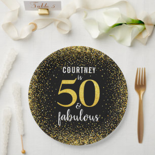 Gold black personalized 50 and fabulous bold paper plates