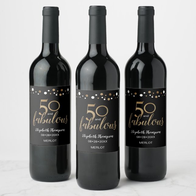 Gold black Personalized 50 and Fabulous Wine Name Label (Bottles)