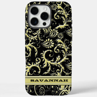 Gold & Black Personalized Damask iPhone Cover- 16 Pro Max Case