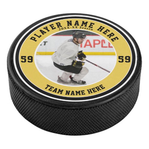 Gold Black Personalized Photo  Custom Team Ice Hockey Puck