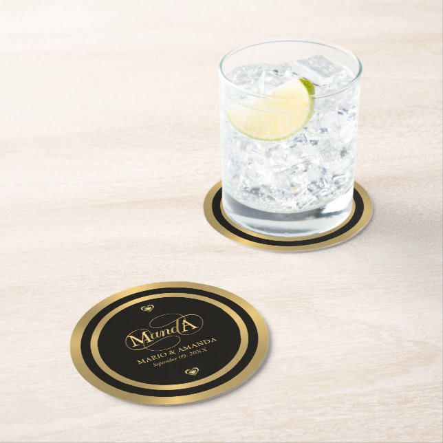 Gold Black Personalized Wedding Monogram Round Paper Coaster (Insitu)