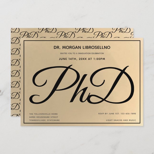  Gold Black PhD Graduation Party Invitation (Front/Back)
