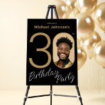 Gold Black Photo 30th Birthday Welcome Sign<br><div class="desc">Gold Black Photo 30th Birthday Welcome Sign. Elevate your milestone celebration with an invitation design that epitomizes understated elegance and chic minimalism. Our black and gold theme exudes sophistication, creating a refined atmosphere for your special day. The custom photo feature adds a personalized touch, ensuring that each item is a...</div>