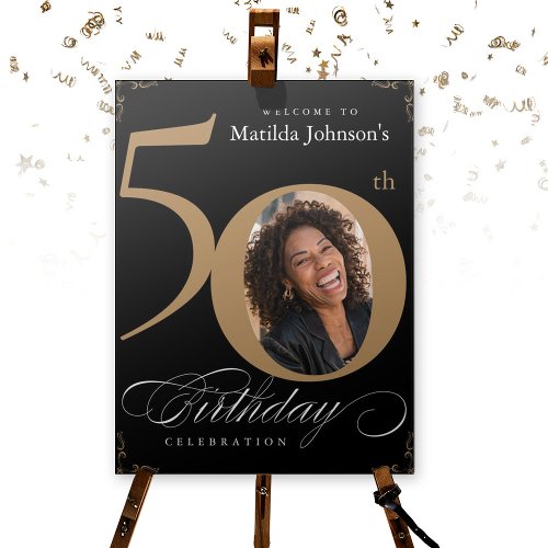 Gold Black Photo 50th Birthday Party Welcome Sign