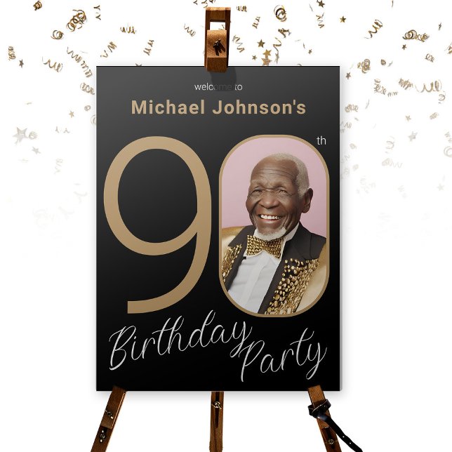 Gold Black Photo 90th Birthday Welcome Sign (Elegant 90th Birthday Gold Black Photo Welcome Foam Board)