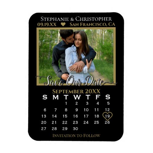 Gold  Black Photo Calendar Save Our Date Wedding Magnet