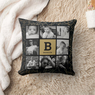 Gold Black Photo Collage Throw Pillow