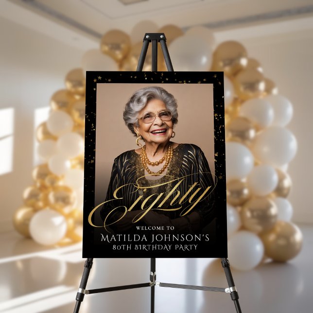 Gold Black Photo Eighty 80th Birthday Welcome Sign (Gold Black Photo Eighty 80th Birthday Welcome Sign)