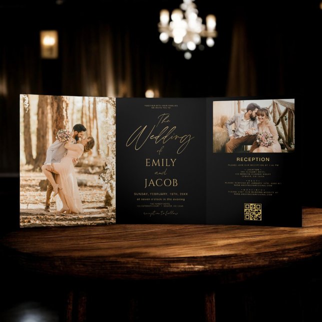 Gold Black Photo Wedding All in One QR code Tri-Fold Invitation (Creator Uploaded)