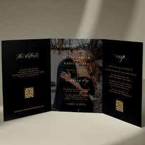 Gold black photo wedding RSVP details QR code  Tri-Fold Invitation