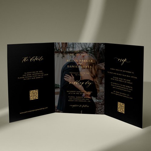 Gold black photo wedding RSVP details QR code  Tri_Fold Invitation