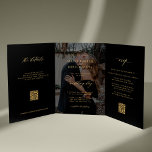 Gold black photo wedding RSVP details QR code  Tri-Fold Invitation<br><div class="desc">Modern simple minimal typography trendy faux gold typography black all in one budget wedding invitation template with 2 photos, rsvp and details with scanning QR codes featuring a chic trendy calligraphy script and dark overlay. Easy to personalize with one or two custom photos (you can upload the same photo on...</div>