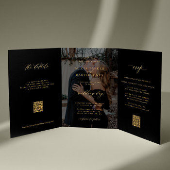 Gold Black Photo Wedding Rsvp Details Qr Code  Tri-fold Invitation by invitations_kits at Zazzle