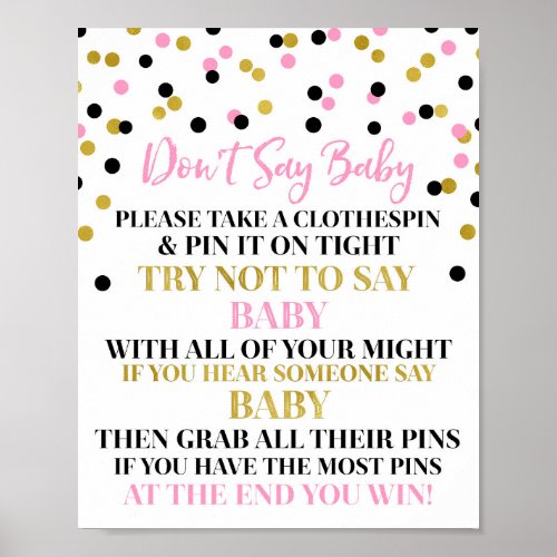 Gold Black Pink Confetti Dont Say Baby Game Sign