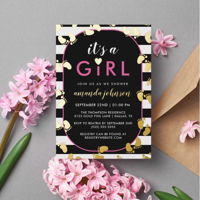 Gold Black Pink It's A Girl Baby Footprints Foil Invitation (Creator Uploaded)