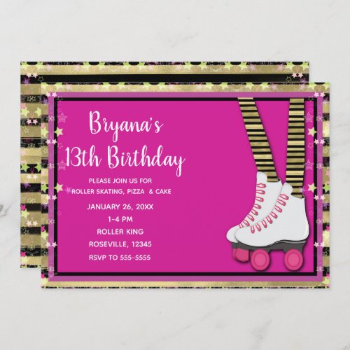 Gold Black  Pink Roller Skating Birthday Party Invitation