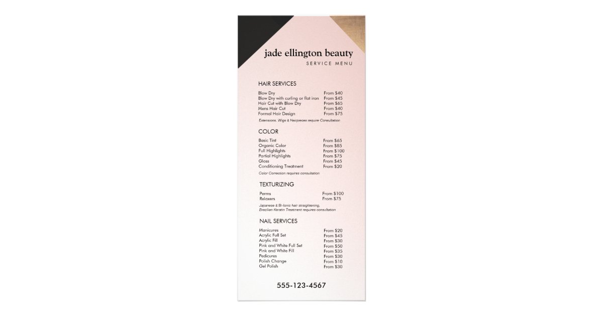 Gold, Black Pink Salon Spa Price List Service Menu | Zazzle