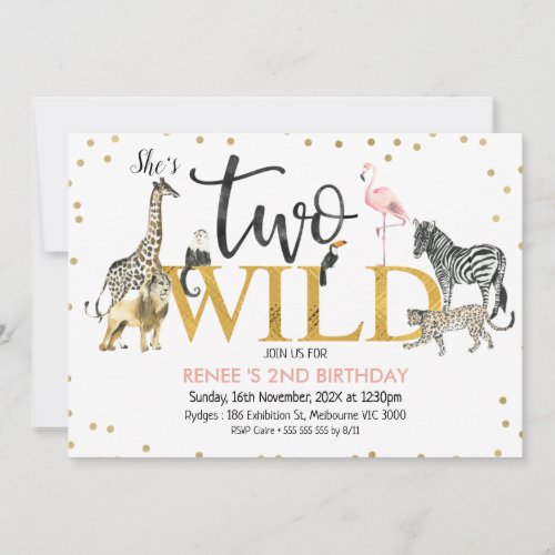 Gold Black Pink Two Wild Safari Animals Birthday Invitation