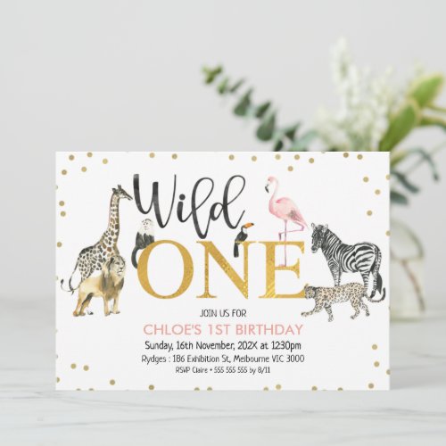 Gold Black Pink Wild One Safari Animals Birthday Invitation