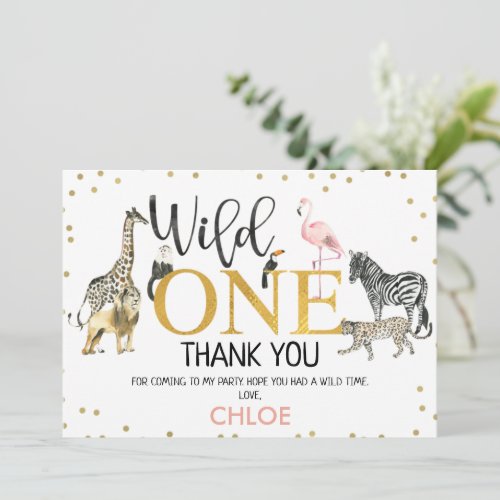 Gold Black Pink Wild One Safari Thank You Card