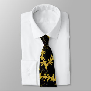 Gold Black Plumeria Patterned Beach Wedding Neck Tie