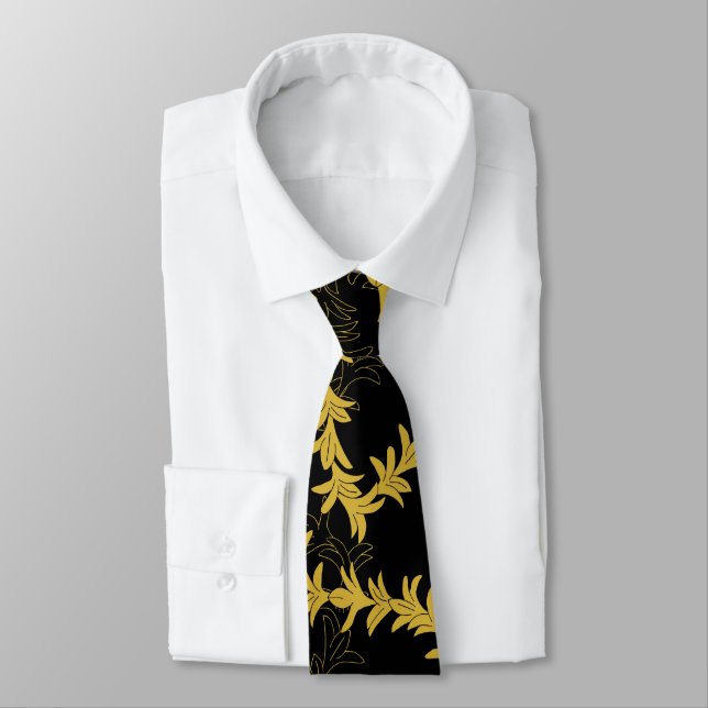 Gold Black Plumeria Patterned Beach Wedding Neck Tie (Tied)