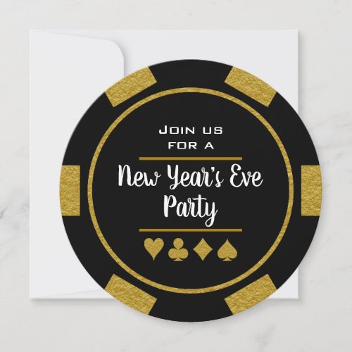 Gold Black Poker Chip Casino Night New Years Eve Invitation