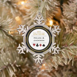 Gold Black Poker Chip First Christmas Mr & Mrs Snowflake Pewter Christmas Ornament