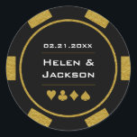Gold Black Poker Chip Las Vegas Casino Wedding Classic Round Sticker<br><div class="desc">Getting married in Las Vegas or another fun casino city? Or having a casino themed wedding? These gold and black stickers would make a perfect addition to your guest's favors or to seal their invitations. Personalize your design with your names in the center, and a wedding date, thank you, etc....</div>