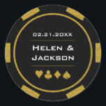 Gold Black Poker Chip Las Vegas Casino Wedding Classic Round Sticker<br><div class="desc">Getting married in Las Vegas or another fun casino city? Or having a casino themed wedding? These gold and black stickers would make a perfect addition to your guest's favors or to seal their invitations. Personalize your design with your names in the center, and a wedding date, thank you, etc....</div>