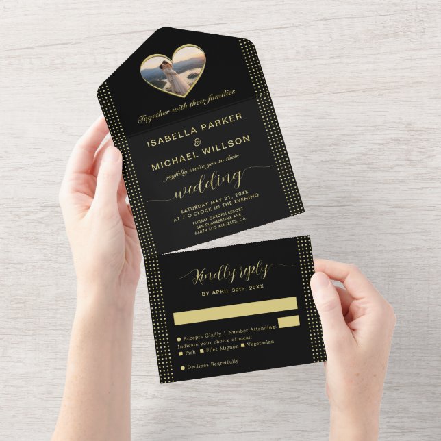 Gold & Black Polka Dot Personalized wedding All In One Invitation (Tearaway)