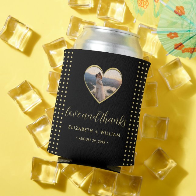 Gold & Black Polka Dot Personalized wedding Can Cooler (In Situ Summer)