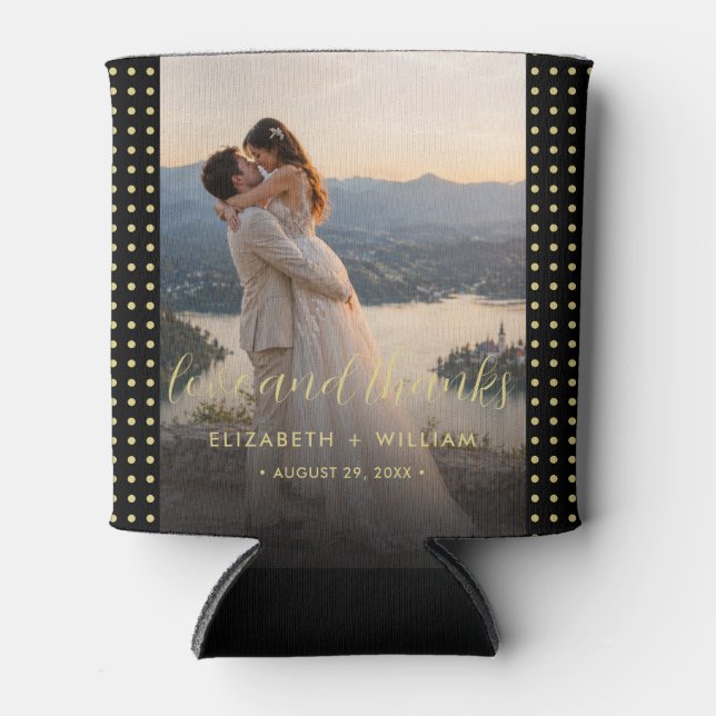 Gold & Black Polka Dot Personalized wedding Can Cooler (Front)