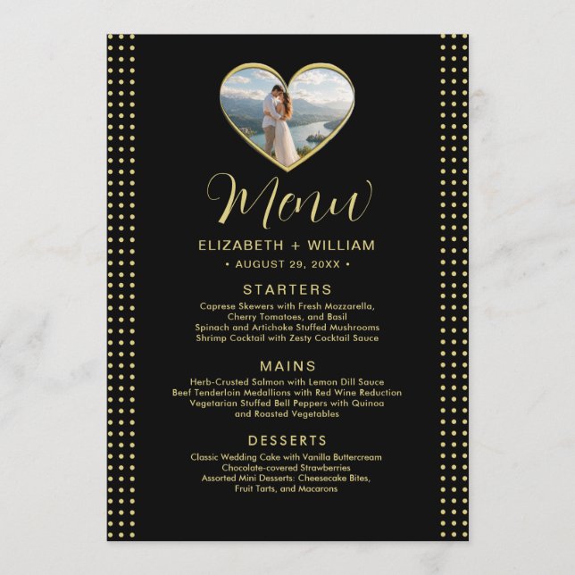 Gold & Black Polka Dot Personalized wedding Menu (Front)