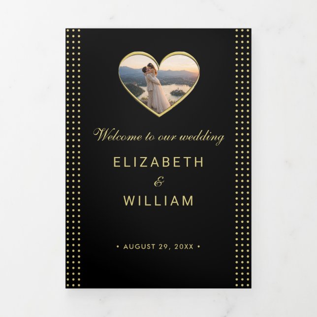 Gold & Black Polka Dot Personalized wedding Tri-Fold Program (Cover)