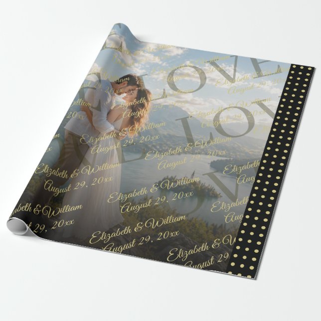 Gold & Black Polka Dot Personalized wedding Wrapping Paper (Unrolled)