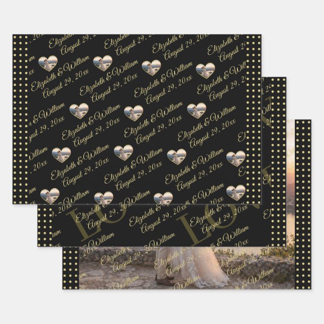 Gold & Black Polka Dot Personalized wedding Wrapping Paper Sheets (Set)