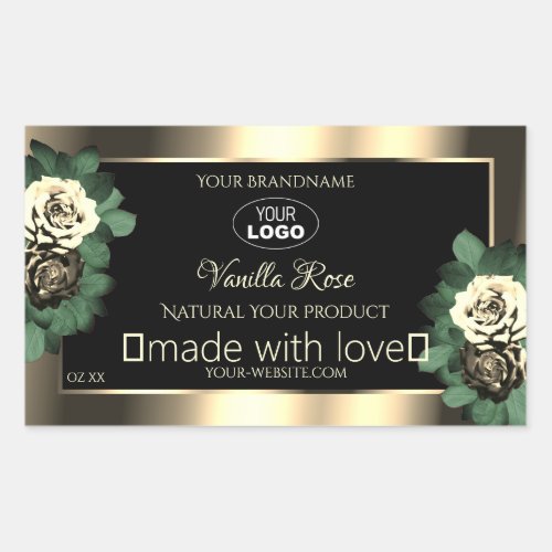 Gold Black Product Labels Floral Cream Roses Logo