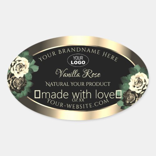 Gold Black Product Labels Floral Cream Roses Logo