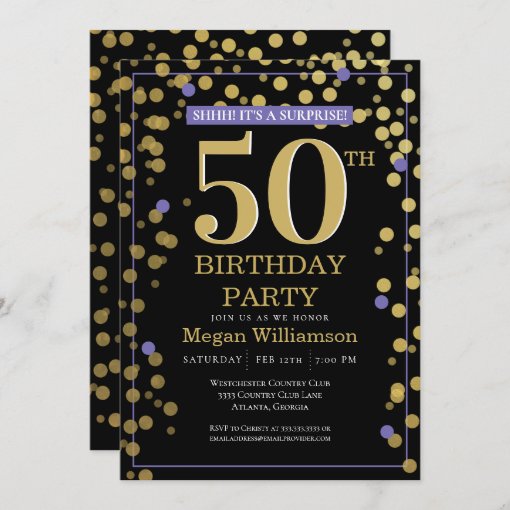 Gold Black Purple Surprise 50th Birthday Invitation | Zazzle