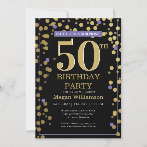 Gold Black Purple Surprise 50th Birthday Invitation